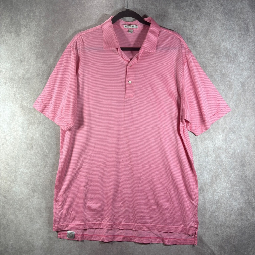Peter Millar Polo Mens Large Pink Striped Short Sleeve Cotton Casual Preppy Golf